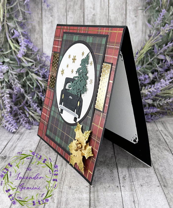 Handmade Chrtismas tree and vintage car Christmas Card Plaid