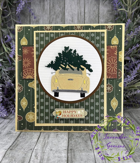 Handmade Chrtismas tree and vintage car Christmas Card Green