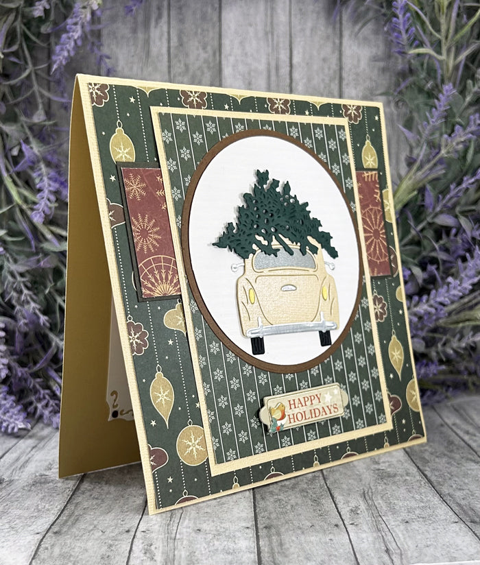 Handmade Chrtismas tree and vintage car Christmas Card Green