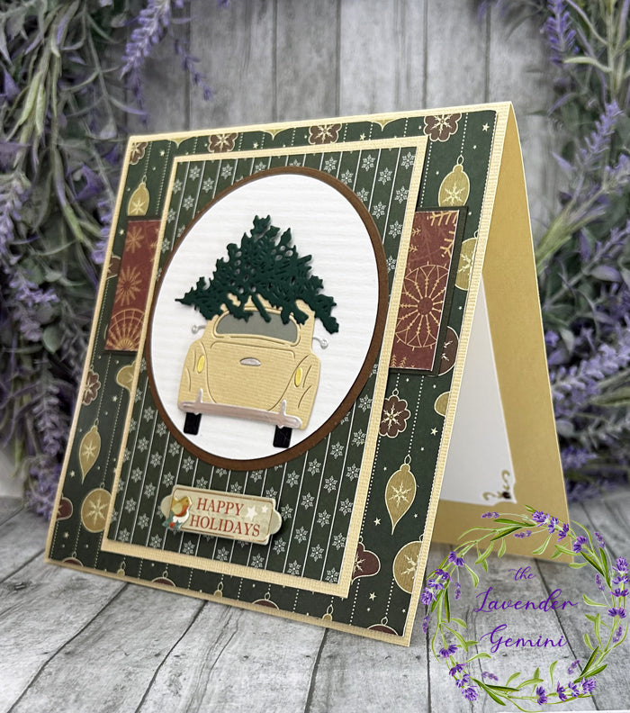 Handmade Chrtismas tree and vintage car Christmas Card Green