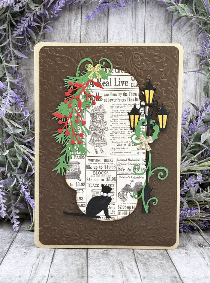 Handmade Cat and Lampost Christmas scene card