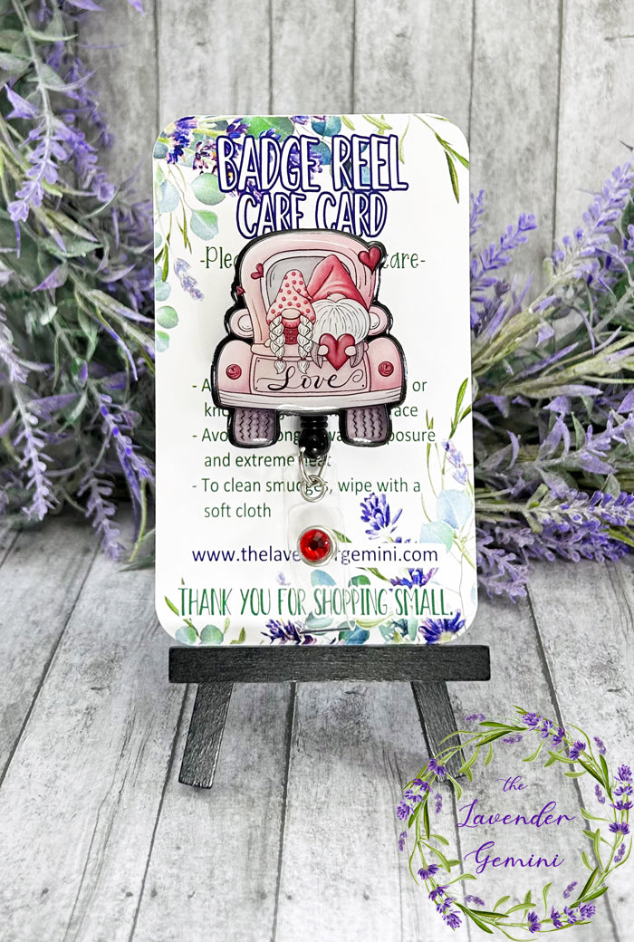 Handmade Valentines Gnomes in Pink Truck Badge Reel