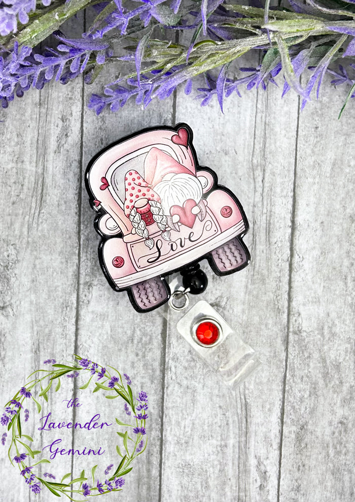 Handmade Valentines Gnomes in Pink Truck Badge Reel