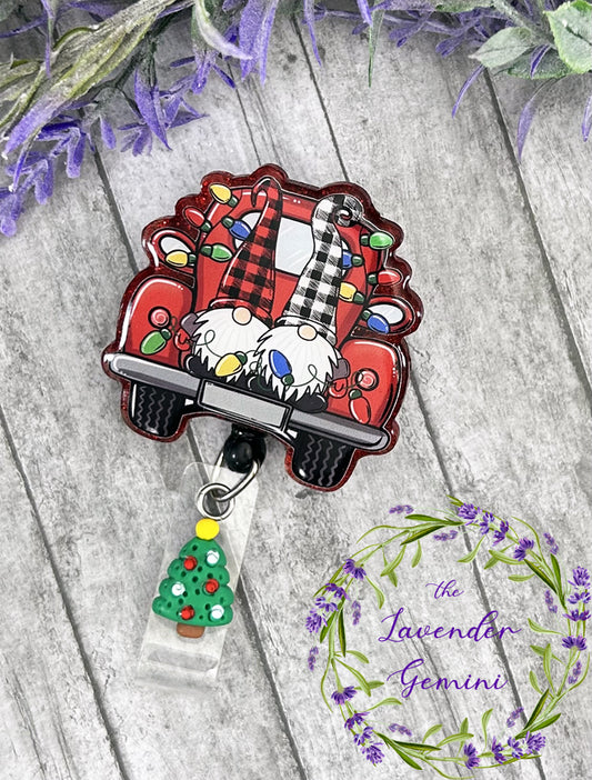 Handmade Christmas red Truck with Gnomes Badge Reel