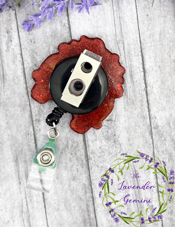 Handmade Christmas red Truck with Gnomes Badge Reel