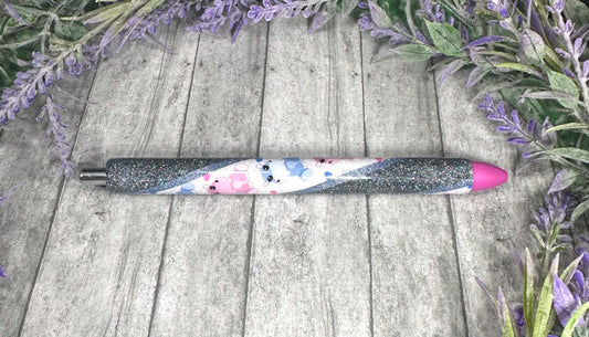 Handmade Hippos on blue glitter glitter pen with free refill