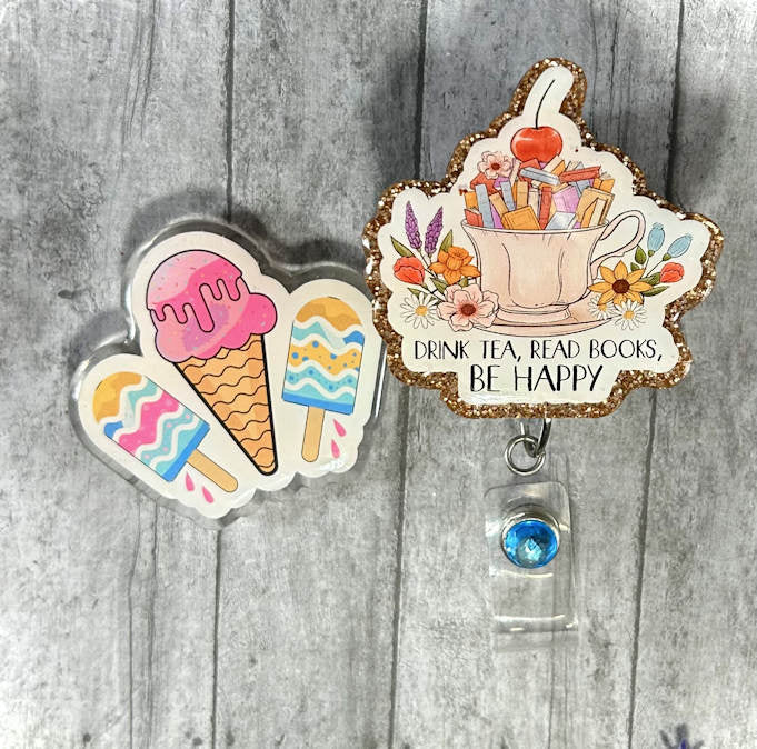 Handmade Ice Cream and Book Lover Badge Reel Set