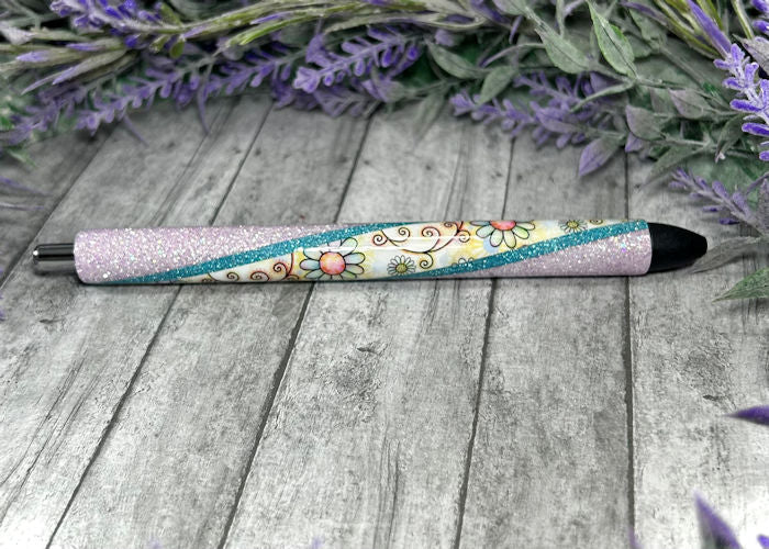 Handmade Retro Flowers on pastel lavender glitter pen with free refill