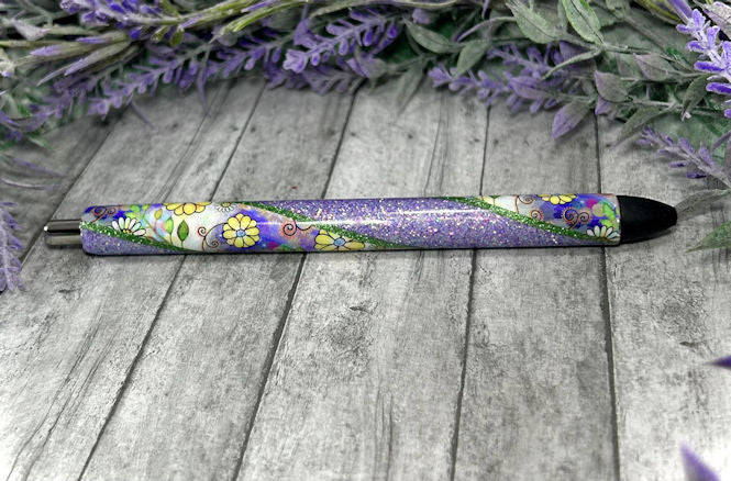 Handmade Retro Flowers on lavender glitter pen with free refill