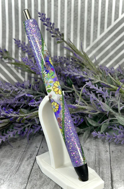 Handmade Retro Flowers on lavender glitter pen with free refill