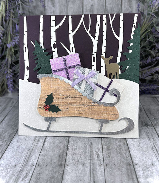 Handmade Sleigh Winter Scene Card Eggplant