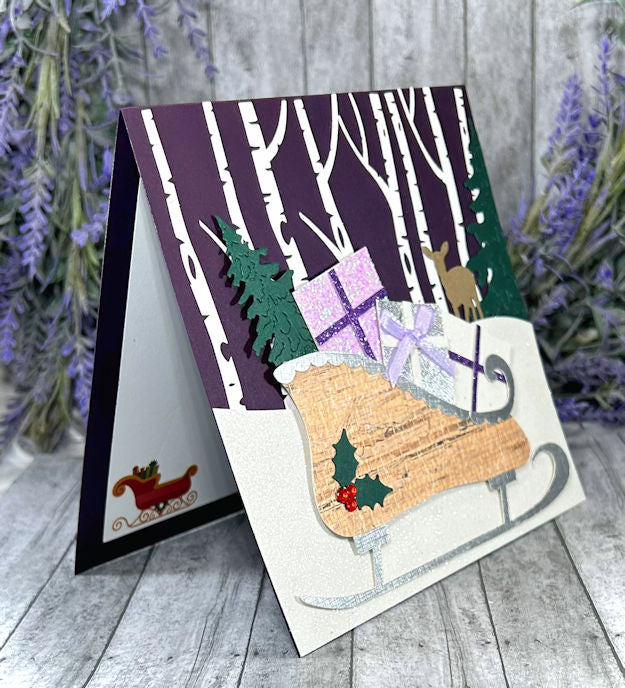 Handmade Sleigh Winter Scene Card Eggplant