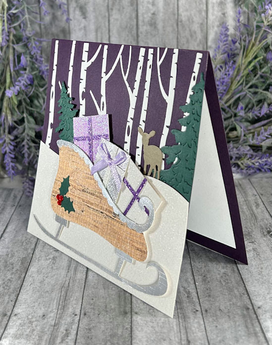 Handmade Sleigh Winter Scene Card Eggplant