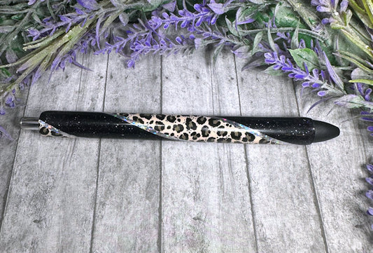Handmade Tan animal print on Black glitter pen with free refill