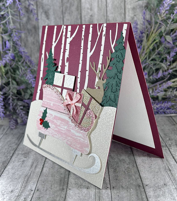 Handmade Sleigh Winter Scene Card Maroon