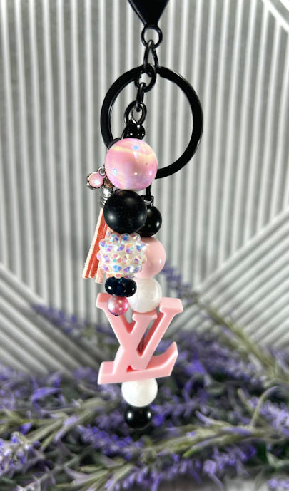 Handmade Beaded Keychain With Clip and Keyring Louis Vuitton Pink