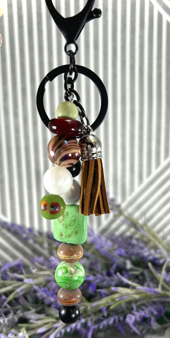 Handmade Beaded Keychain With Clip and Keyring Green