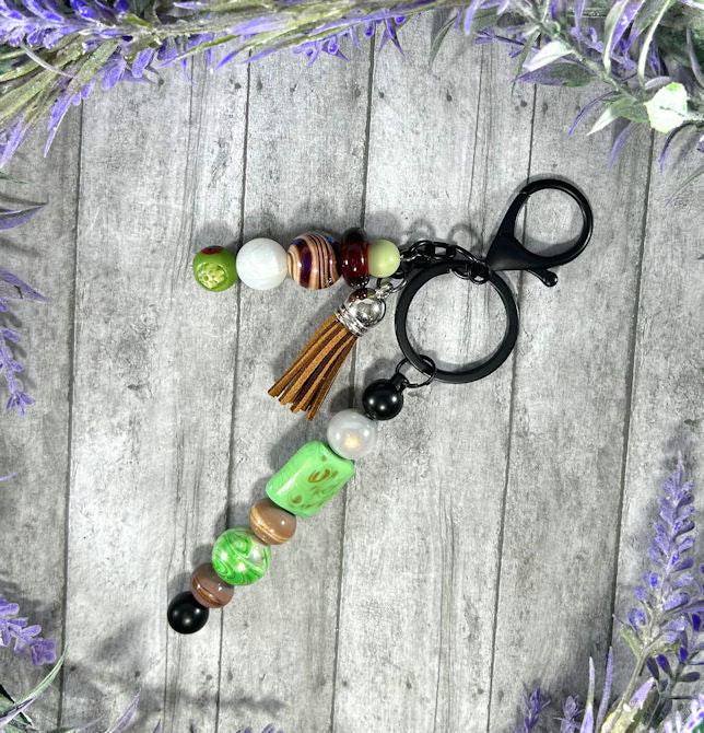 Handmade Beaded Keychain With Clip and Keyring Green