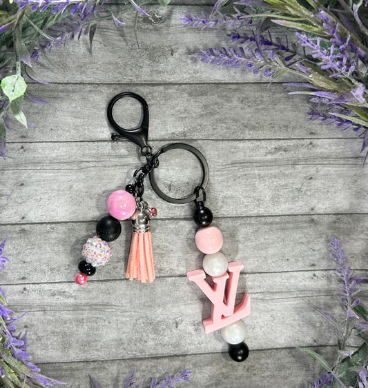 Handmade Beaded Keychain With Clip and Keyring Louis Vuitton Pink