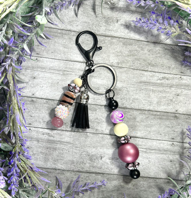 Handmade Beaded Keychain With Clip and Keyring Mauve