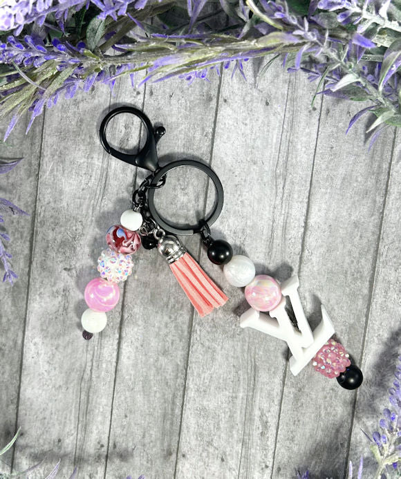 Handmade Beaded Keychain With Clip and Keyring Louis Vuitton White