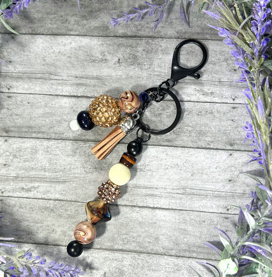 Handmade Beaded Keychain With Clip and Keyring Browns