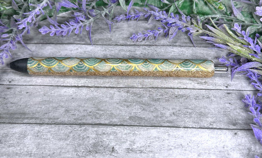 Handmade Mermaid print on gold glitter pen with free refill