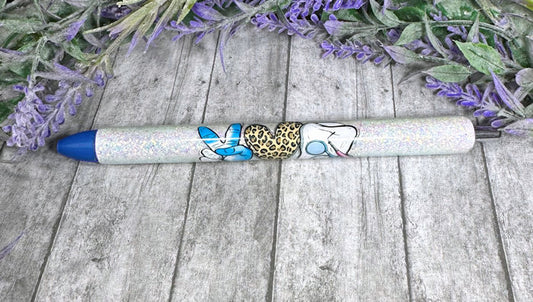 Handmade Dental on light blue glitter pen with free refill