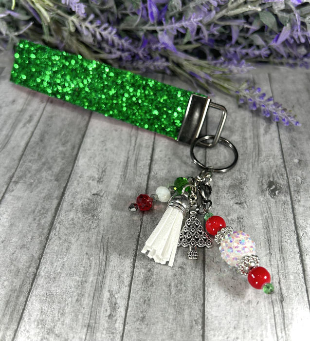 Handmade Christmas Tree Faux Leather Key Fob Wristlet