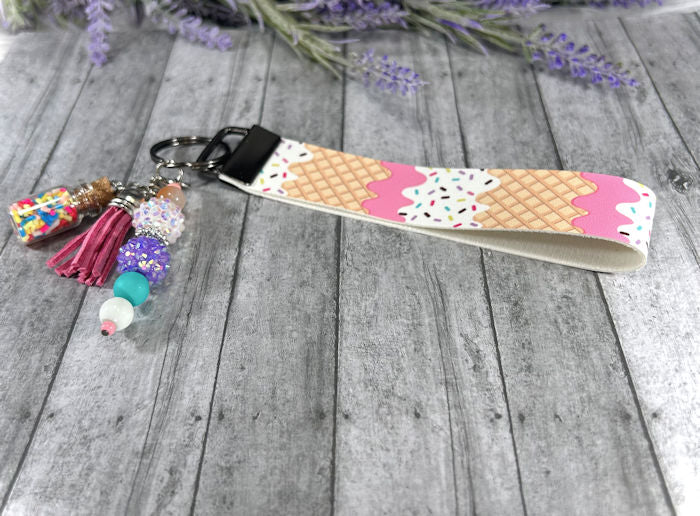 Handmade Ice Cream Cone w Sprinkles Faux Leather Key Fob Wristlet