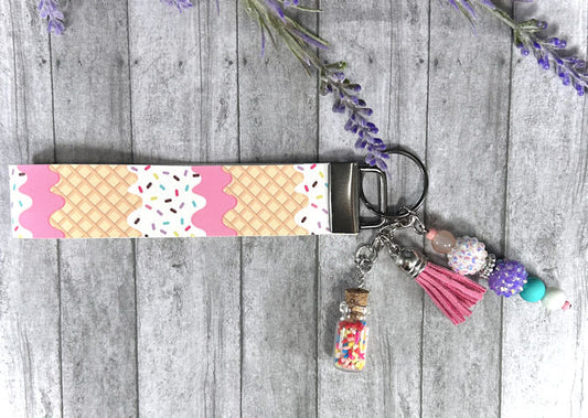 Handmade Ice Cream Cone w Sprinkles Faux Leather Key Fob Wristlet