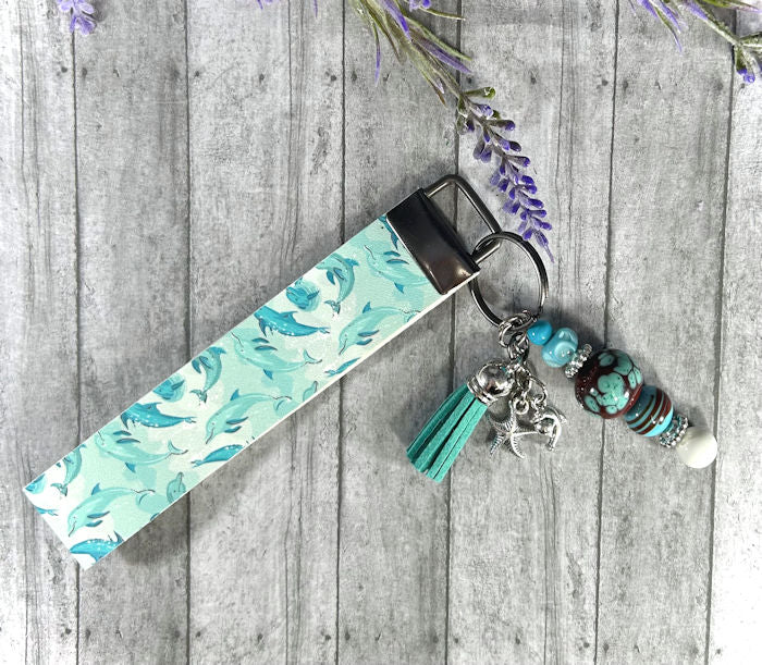 Handmade Dolphins Faux Leather Key Fob Wristlet