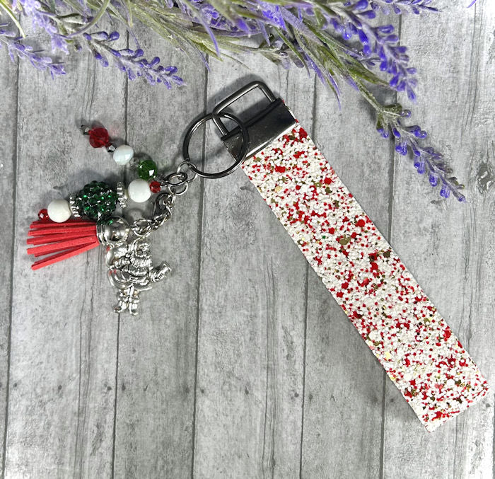 Handmade Christmas Santa Faux Leather Key Fob Wristlet