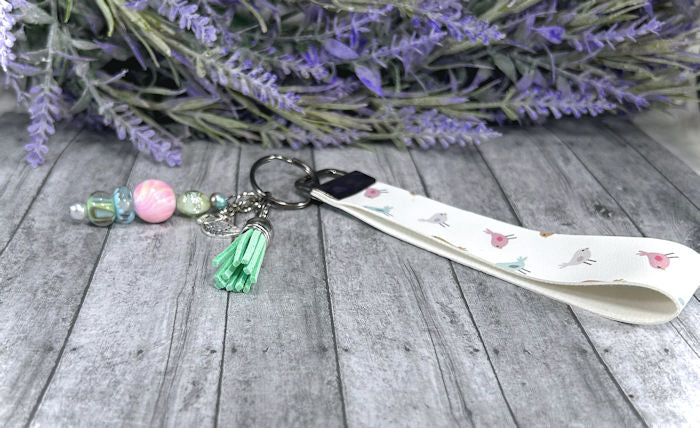 Handmade Colorful Birds Faux Leather Key Fob Wristlet