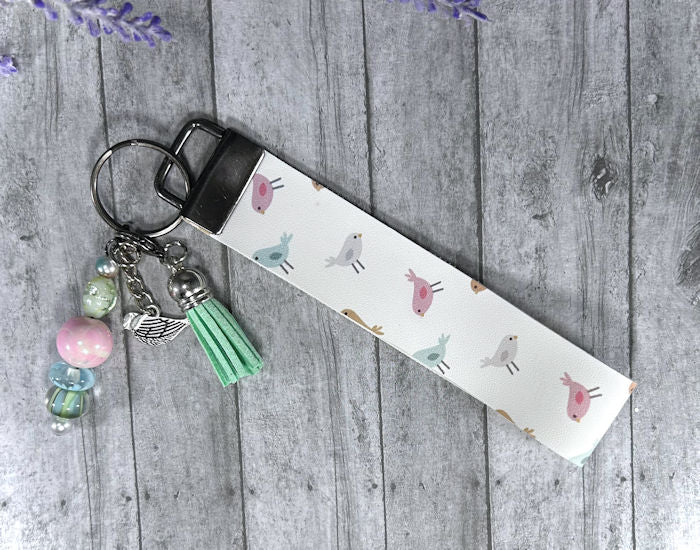 Handmade Colorful Birds Faux Leather Key Fob Wristlet