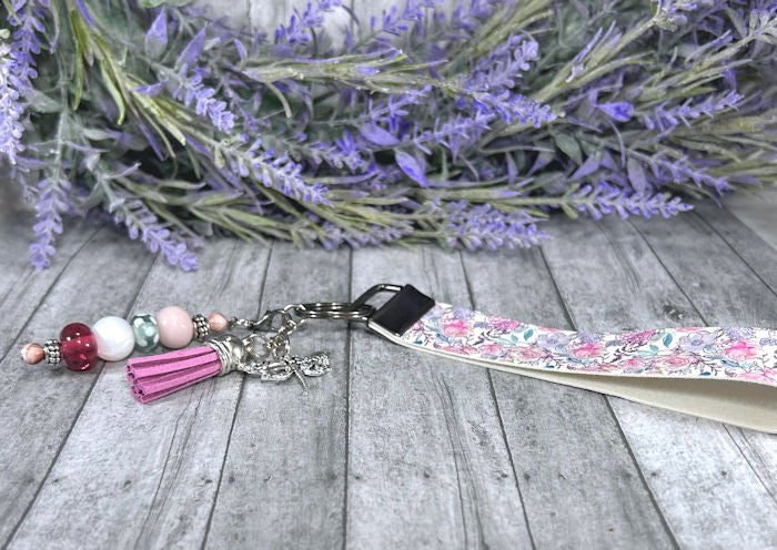 Handmade Butterfly and Flowers  Faux Leather Key Fob Wristlet