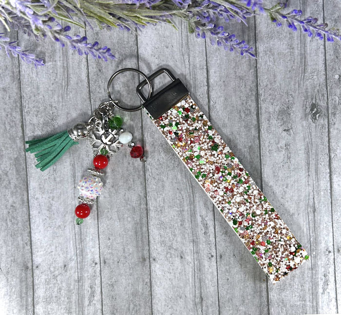 Handmade Christmas Snowflake Faux Leather Key Fob Wristlet