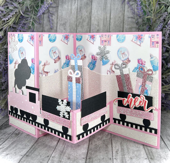 Handmade 3D Pink and Blue Train Holiday Pop Out Card