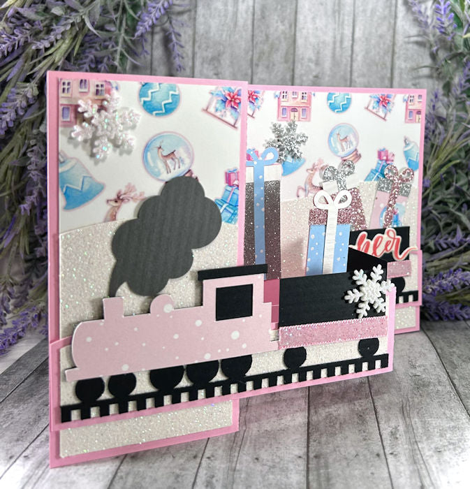 Handmade 3D Pink and Blue Train Holiday Pop Out Card