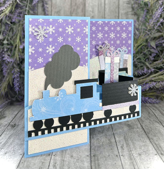 Handmade 3D Purple and Blue Train Holiday Pop Out Card