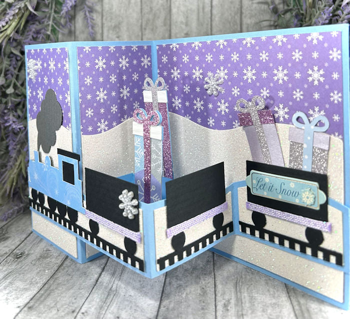 Handmade 3D Purple and Blue Train Holiday Pop Out Card