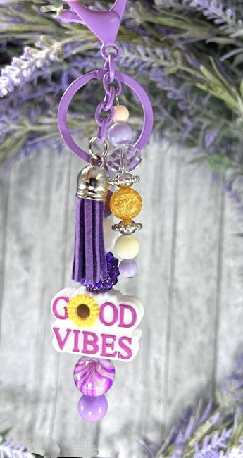 Handmade Good Vibes Beaded Keychain With Clip and Keyring