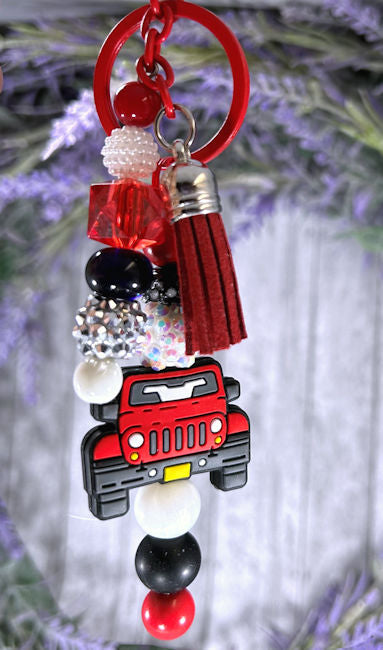 Handmade Red Truck Beaded Keychain With Clip and Keyring