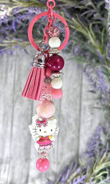 Handmade Pink Kitty Beaded Keychain With Clip and Keyring