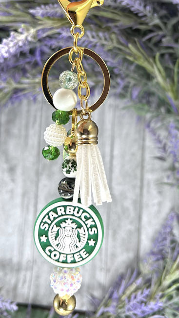 Handmade Coffee Beaded Keychain With Clip and Keyring