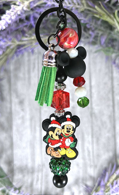 Handmade Christmas Mouse Beaded Keychain With Clip and Keyring