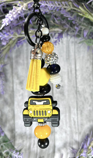 Handmade Yellow Truck Beaded Keychain With Clip and Keyring