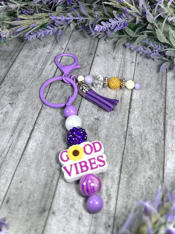 Handmade Good Vibes Beaded Keychain With Clip and Keyring