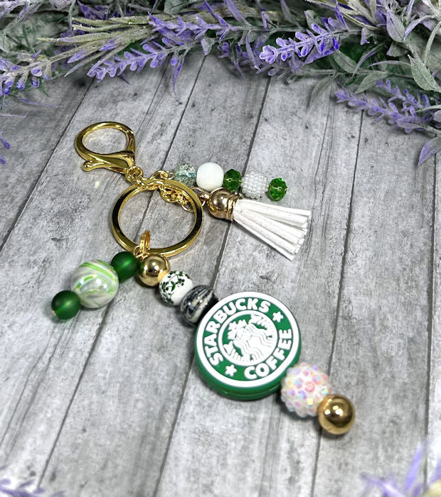 Handmade Coffee Beaded Keychain With Clip and Keyring