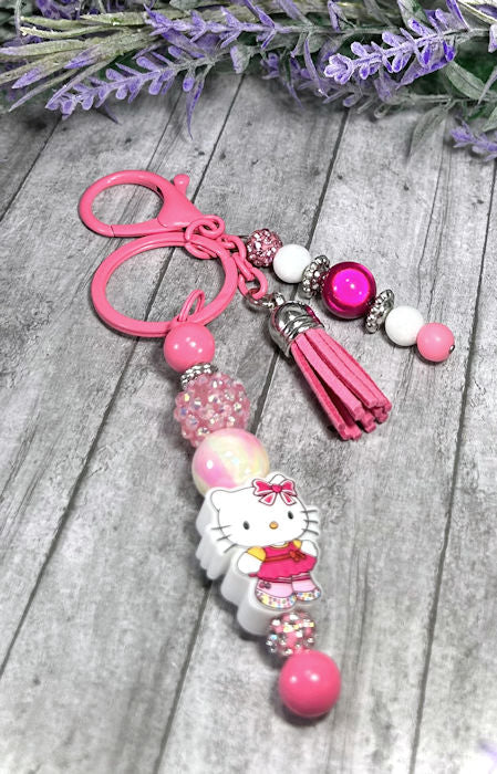 Handmade Pink Kitty Beaded Keychain With Clip and Keyring